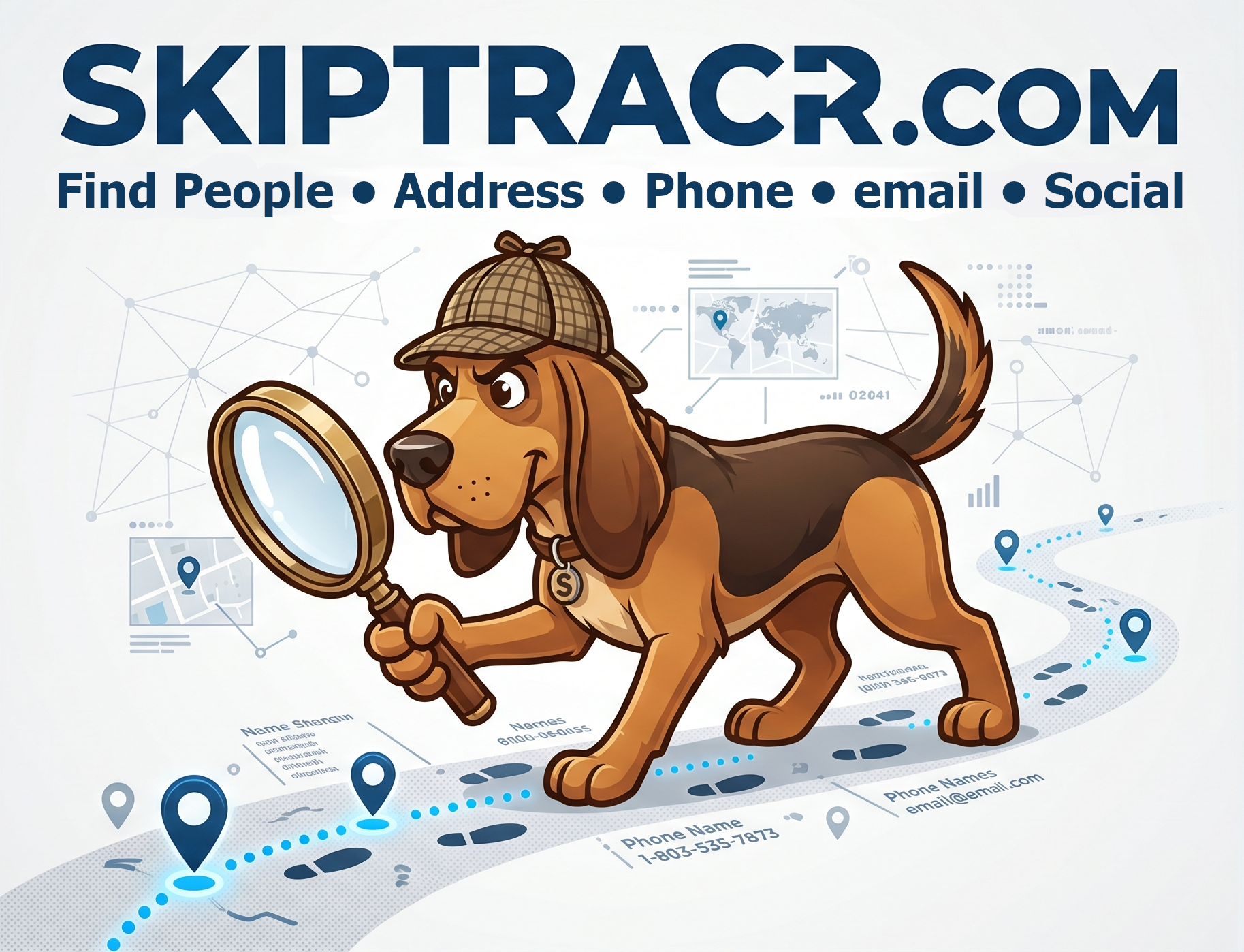 SkipTracr bloodhound mascot in deerstalker hat with magnifying glass